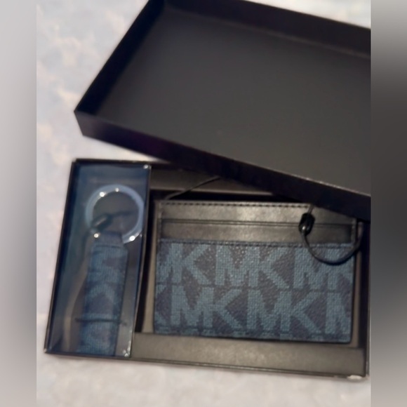 NWT NIB MK Admiral Blue And Black Monogram MK Cardholder And Keychain Strap Set - Picture 2 of 4